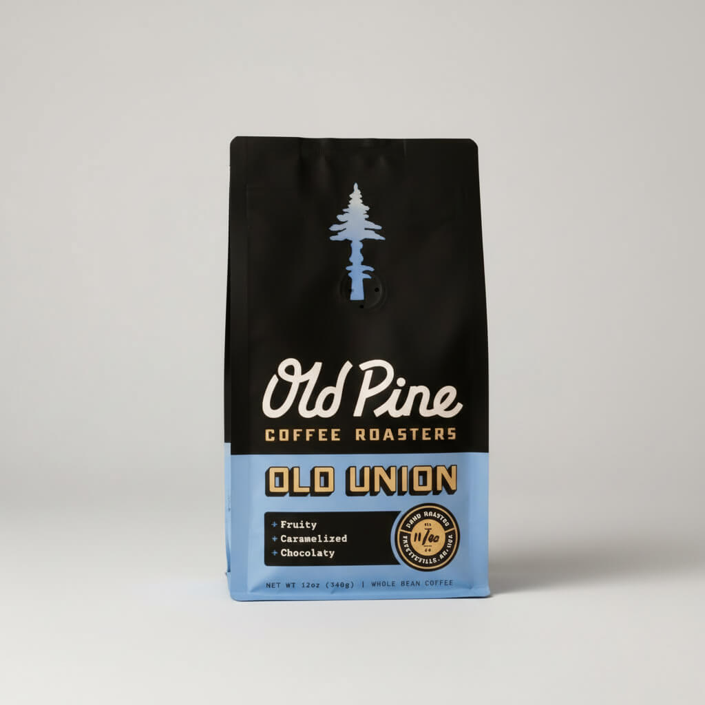 Coffee bag from Old Pine Coffee Roasters full of "old-union" coffee blend beans