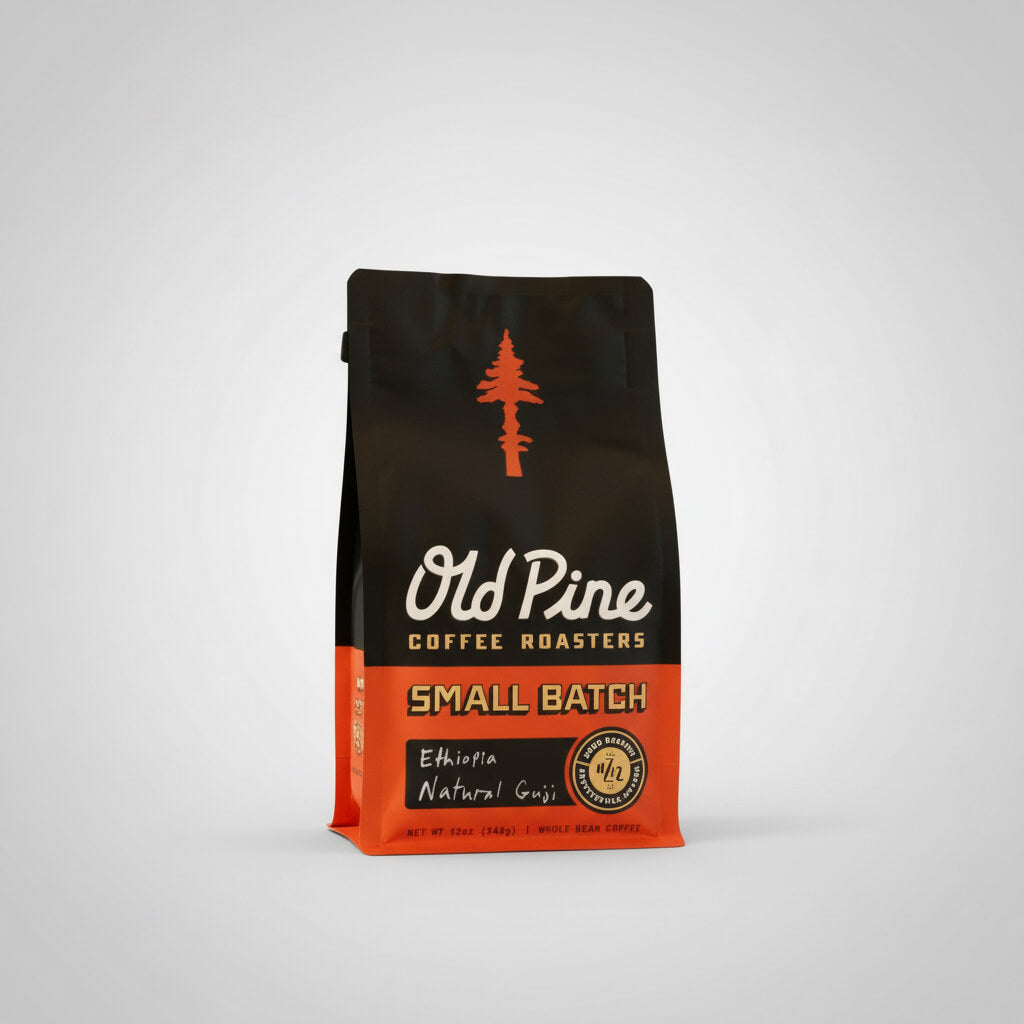Coffee bag from Old Pine Coffee Roasters full of "small-batch" coffee beans