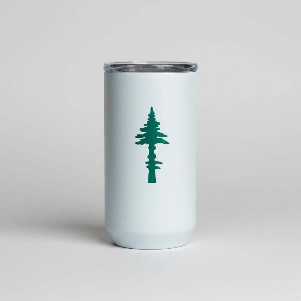 Old Pine Coffee Roasters 12 oz white stainless steel tumbler — back view