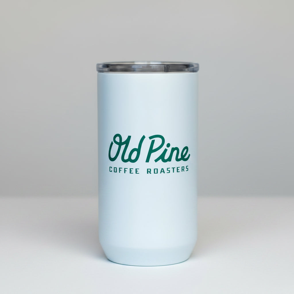 Old Pine Coffee Roasters 12 oz white stainless steel tumbler — front view